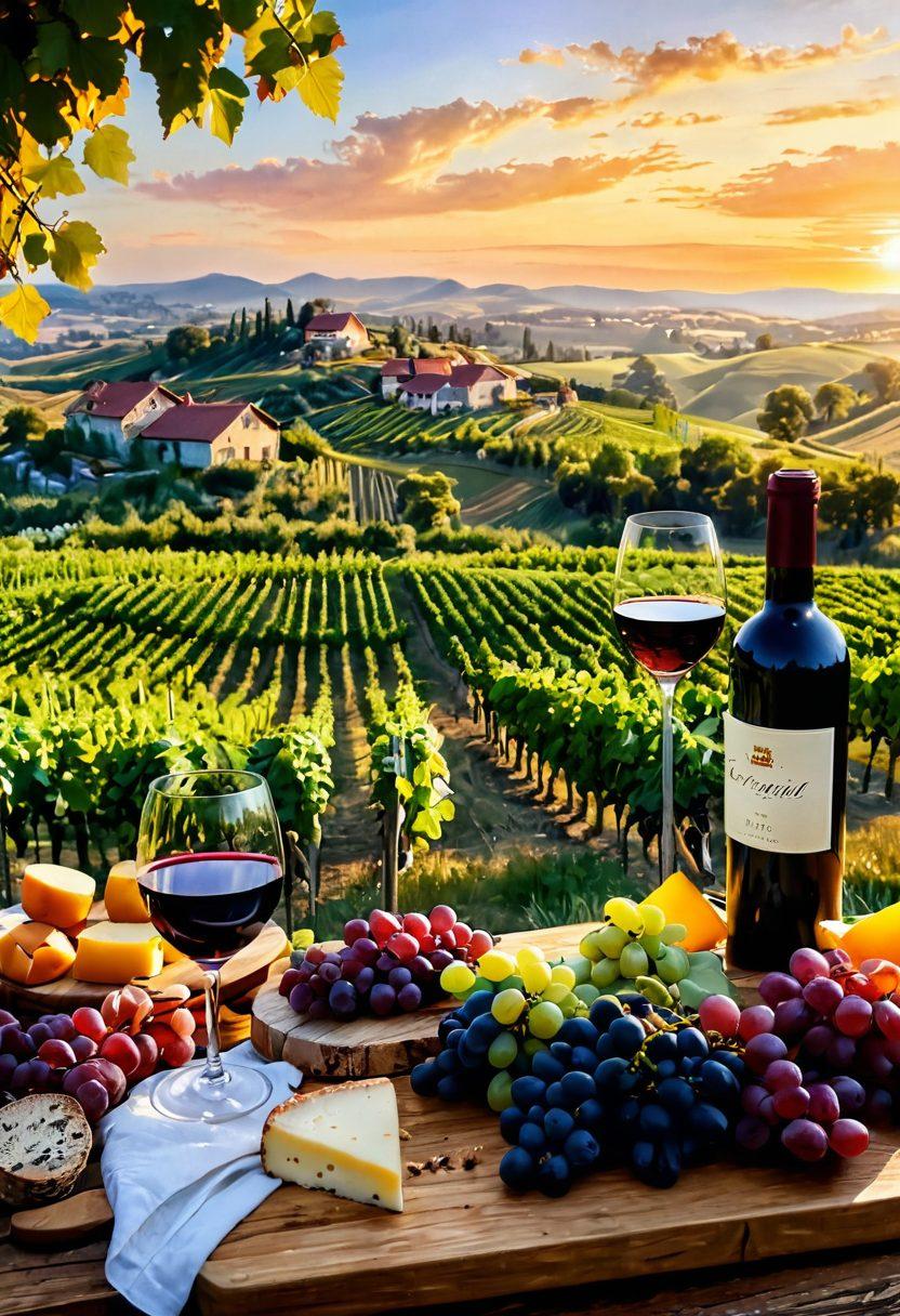 A picturesque vineyard landscape at sunset, with grapevines laden with ripe grapes in the foreground. Include a wine glass filled with a rich red wine, reflecting the golden sunlight, and a charcuterie board featuring cheese and fruits nearby. Capture the essence of wine tasting, with a couple enjoying the scenery in the background, surrounded by aromatic herbs and flowers. Painting style, warm palette, soft brush strokes.