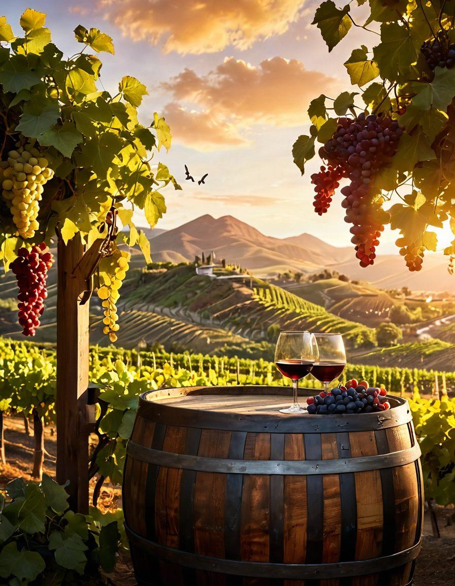 A lush vineyard landscape showcasing rows of grapevines, with a backdrop of rolling hills under a golden sunset. A wooden wine barrel sits in the foreground, adorned with grape clusters, and a glass of deep red vintage wine reflecting sunlight. Atmospheric elements, like butterflies and distant mountains, evoke a sense of journey and discovery. soft focus. warm tones. vibrant colors.