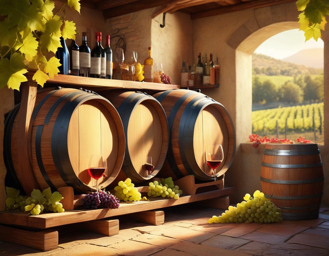 A beautifully arranged vineyard scene with ripe grapes on the vine, transitioning into a rustic wine cellar filled with wooden barrels and bottles. Include a glass of wine half-filled to showcase vibrant colors, along with fermentation equipment subtly in the background. Add hints of nature like sunlight filtering through leaves and swirling aromas depicted visually. realistic illustration. warm color palette. soft focus.